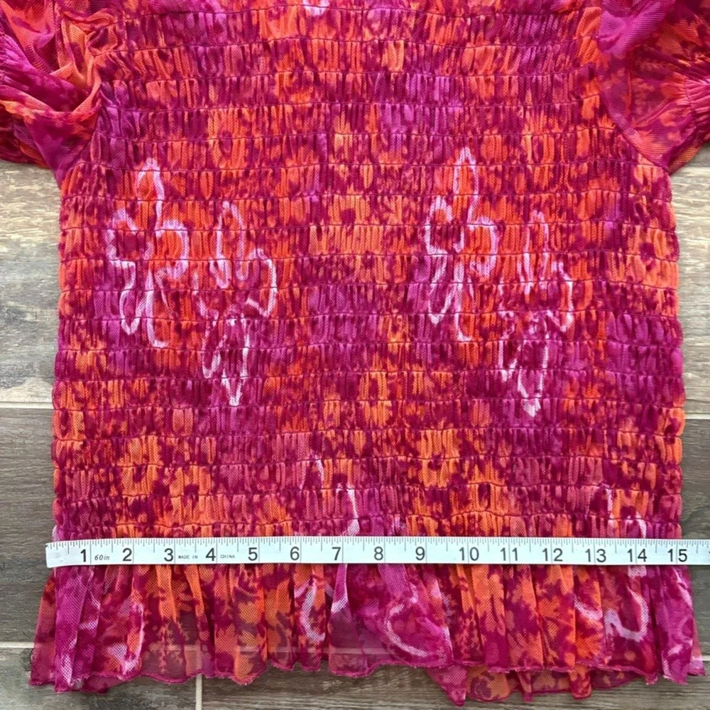 Free People Hello There Floral Boho Top Smocked Mesh See Measurements
